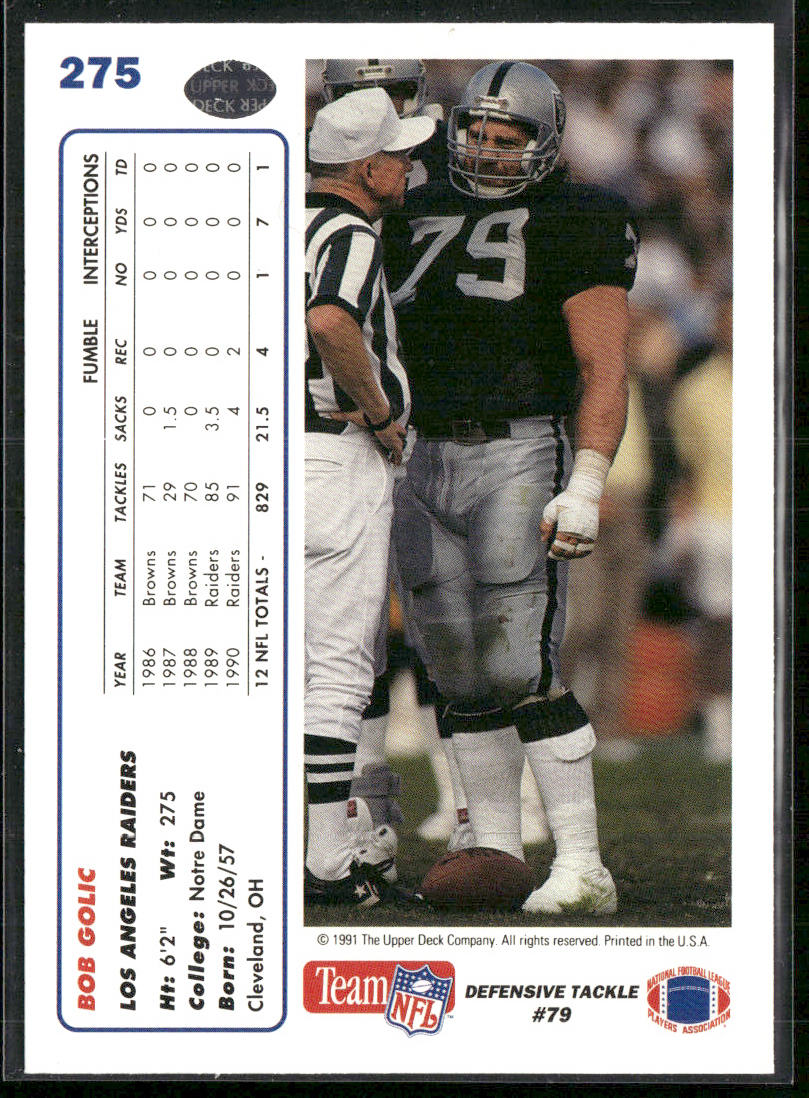 Bob Golic 1991 Upper Deck #275b Los Angeles Raiders