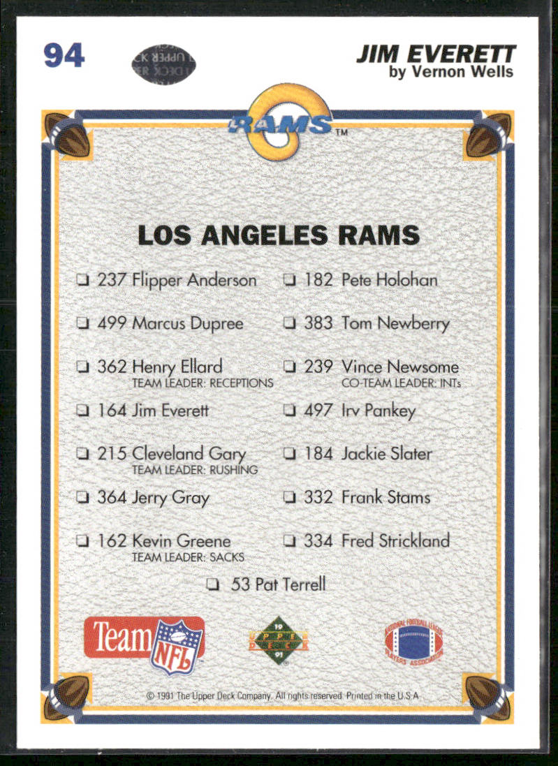 Jim Everett 1991 Upper Deck #94b Los Angeles Rams