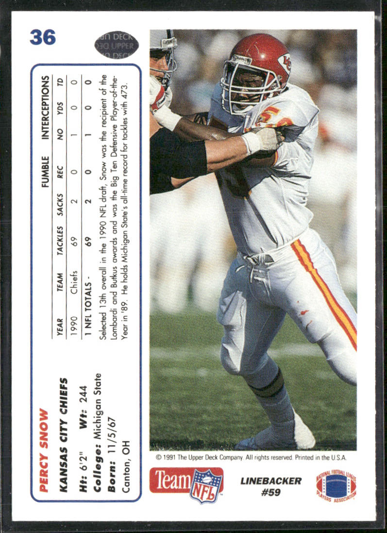 Percy Snow 1991 Upper Deck #36b Kansas City Chiefs