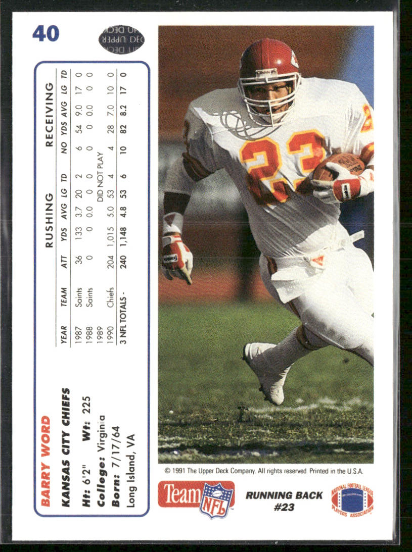 Barry Word 1991 Upper Deck #40 Kansas City Chiefs