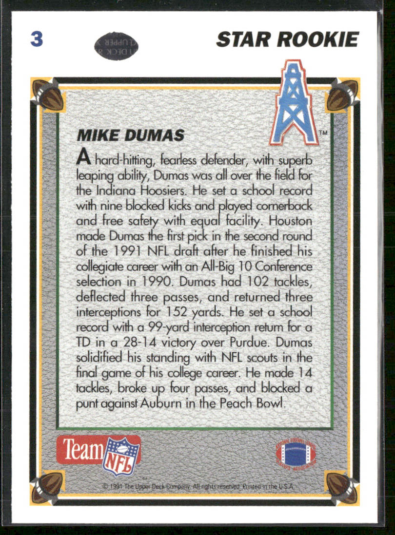 Mike Dumas 1991 Upper Deck #3 RC Houston Oilers