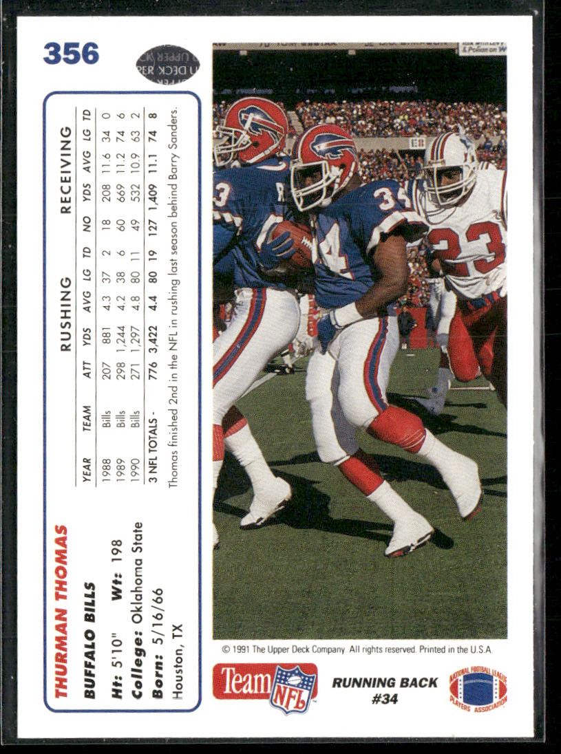 Thurman Thomas 1991 Upper Deck #356 Buffalo Bills