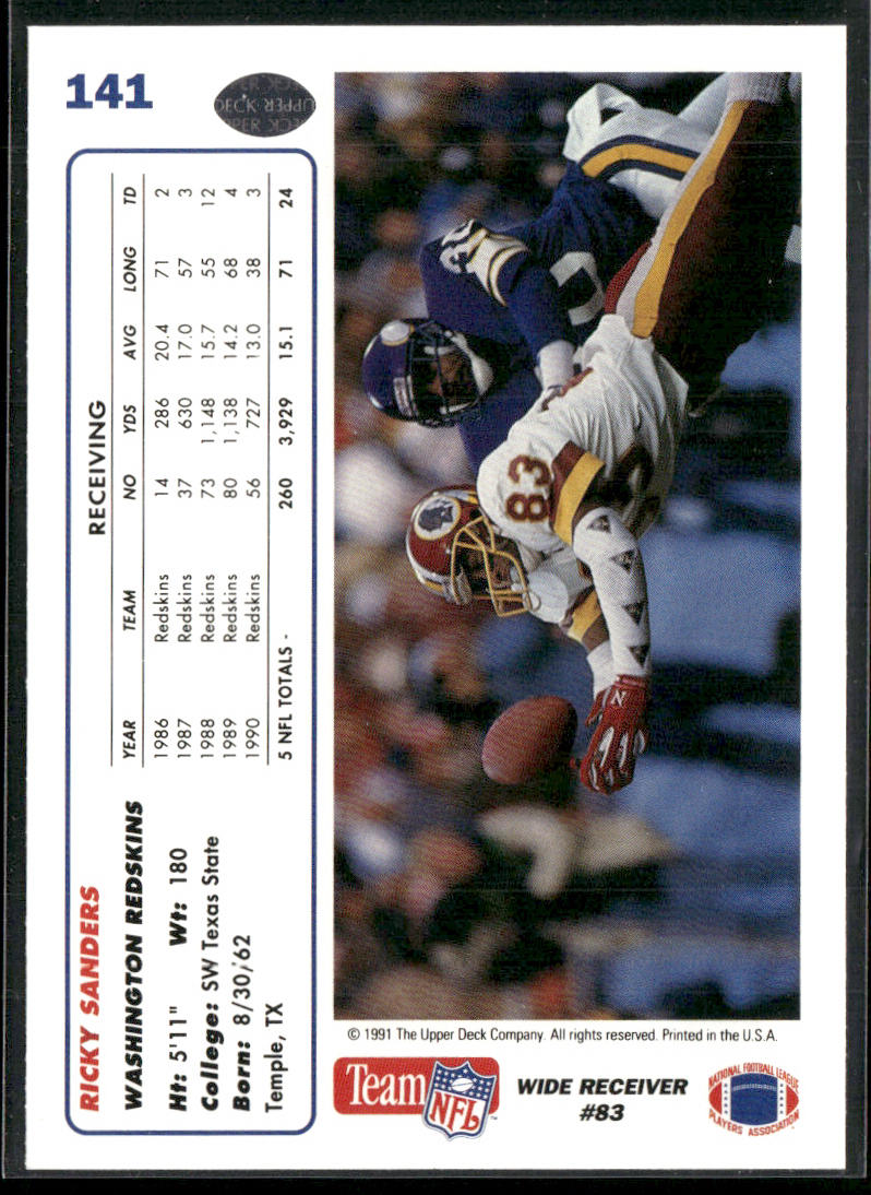 Ricky Sanders 1991 Upper Deck #141c Washington Redskins