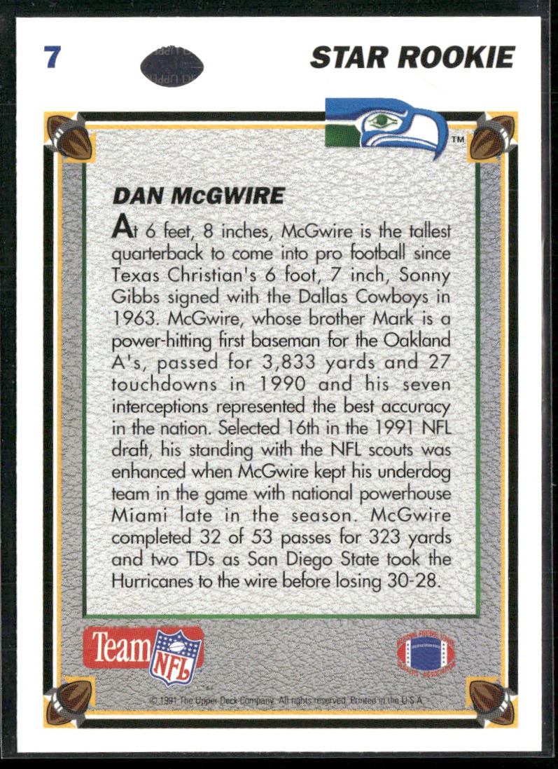 Dan McGwire 1991 Upper Deck #7b RC Seattle Seahawks
