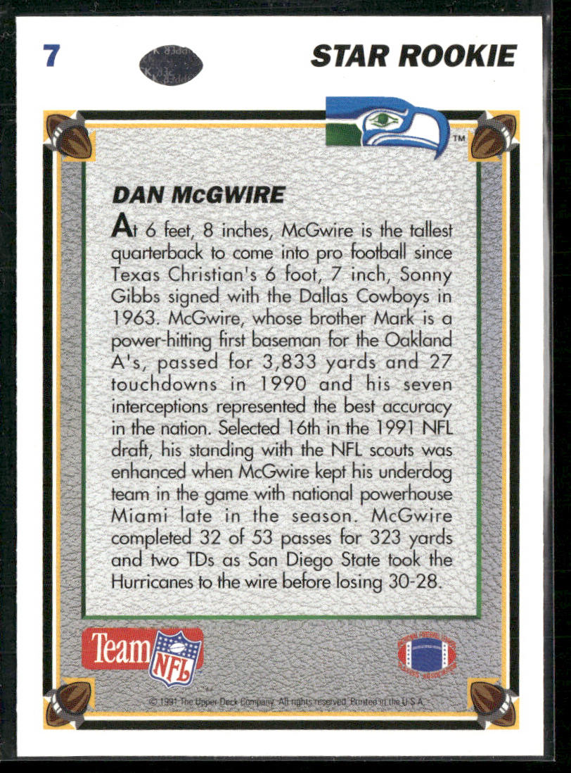 Dan McGwire 1991 Upper Deck #7c RC Seattle Seahawks