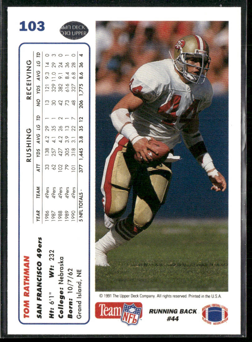 Tom Rathman 1991 Upper Deck #103c San Francisco 49ers
