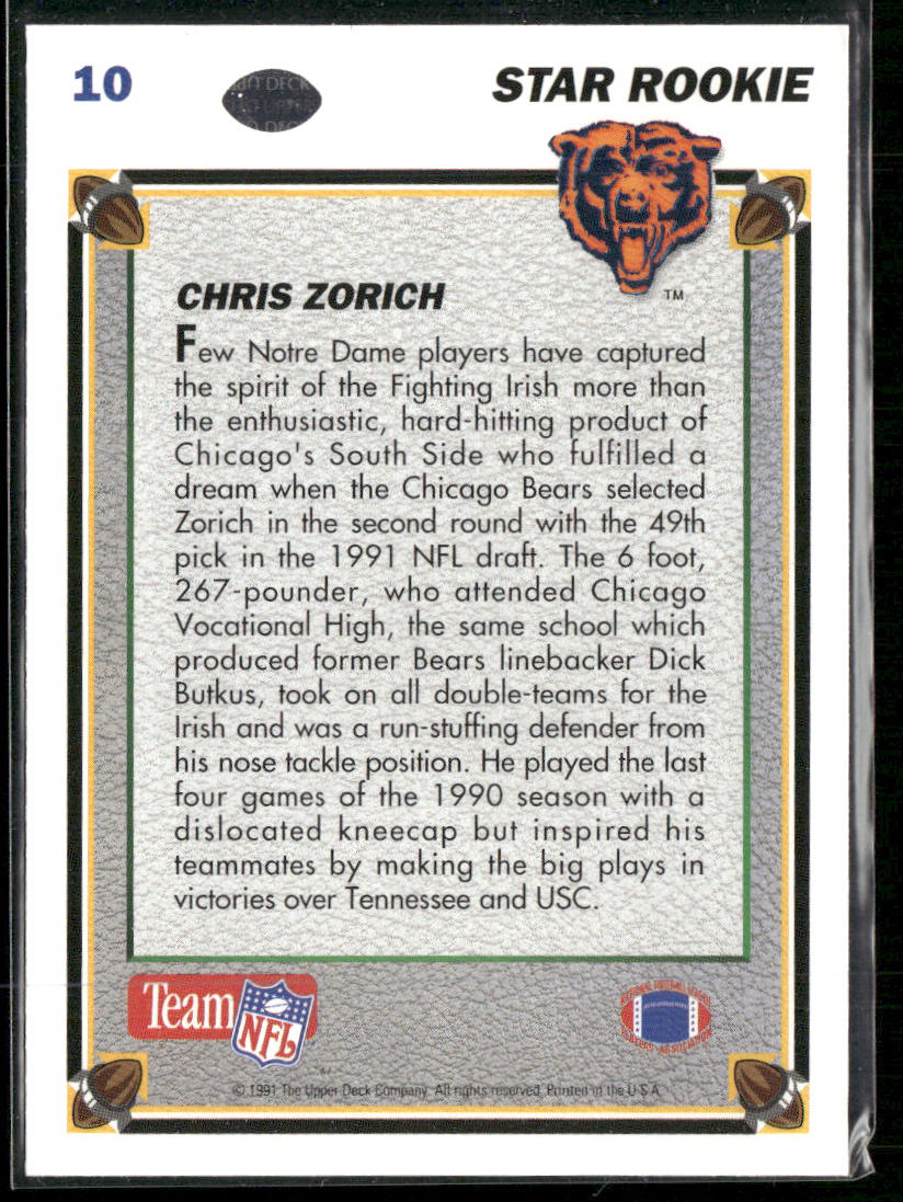 Chris Zorich 1991 Upper Deck #10 RC Chicago Bears