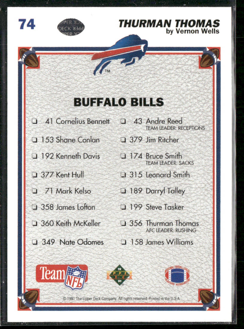 Thurman Thomas 1991 Upper Deck #74b Buffalo Bills