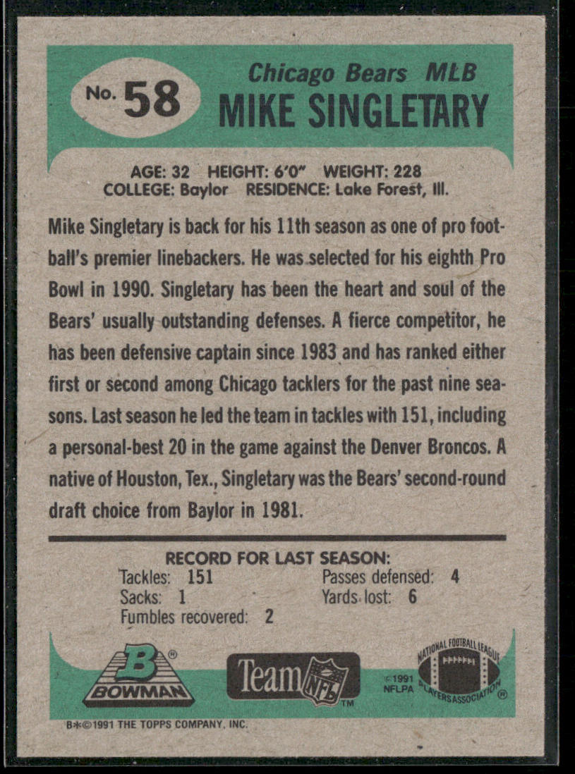 Mike Singletary 1991 Bowman #58 Chicago Bears