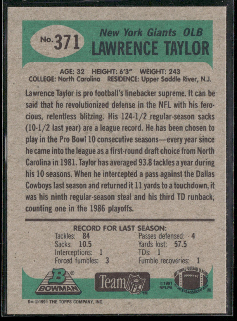 Lawrence Taylor 1991 Bowman #371 New York Giants