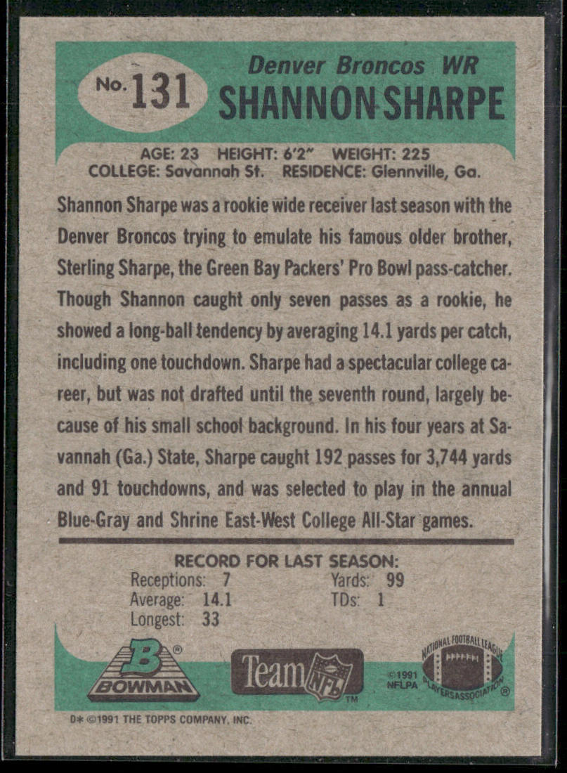 Shannon Sharpe 1991 Bowman #131 Denver Broncos