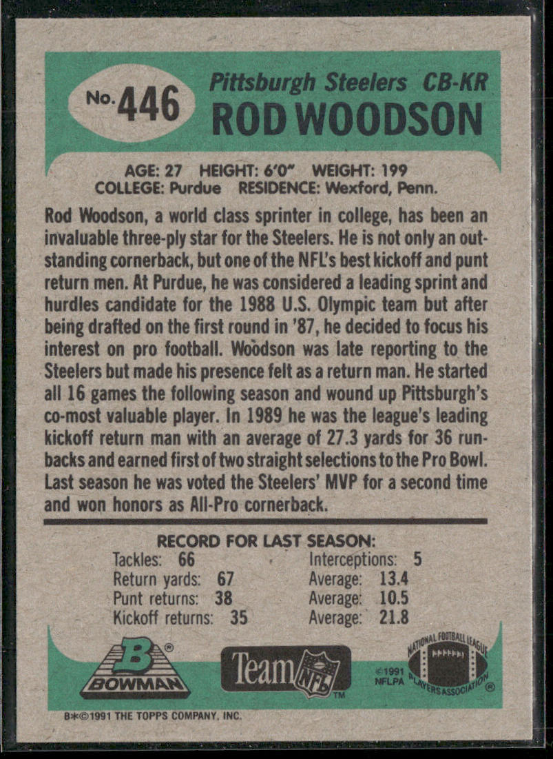 Rod Woodson 1991 Bowman #446 Pittsburgh Steelers