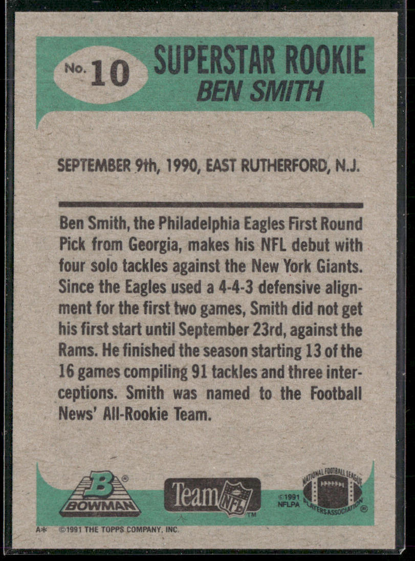 Ben Smith 1991 Bowman #10b B* in copyright on back Philadelphia Eagles
