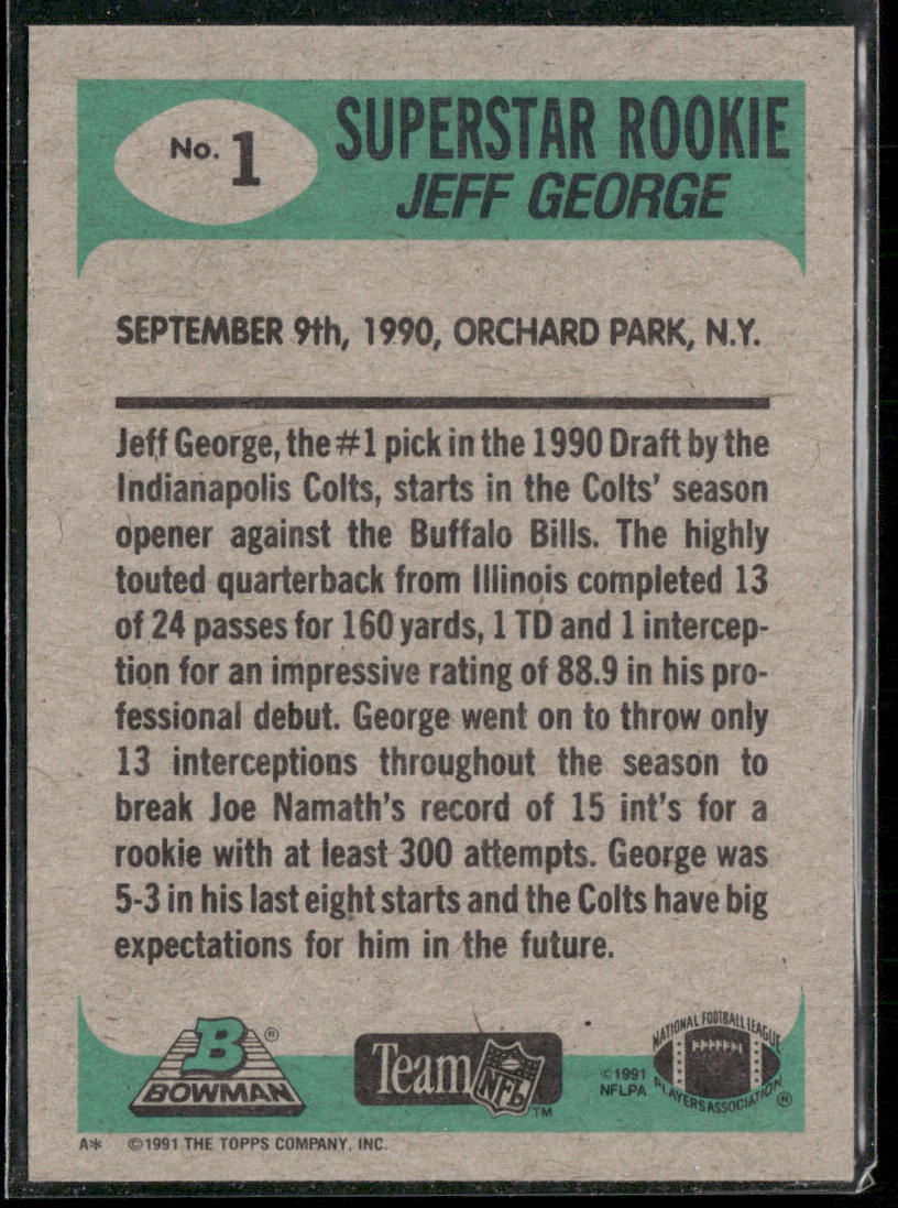 Jeff George 1991 Bowman #1b B* in copyright on back Indianapolis Colts
