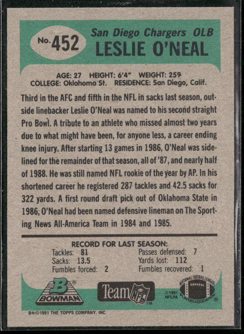Leslie O'Neal 1991 Bowman #452 San Diego Chargers