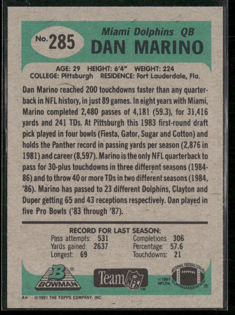 Dan Marino 1991 Bowman #285 Miami Dolphins