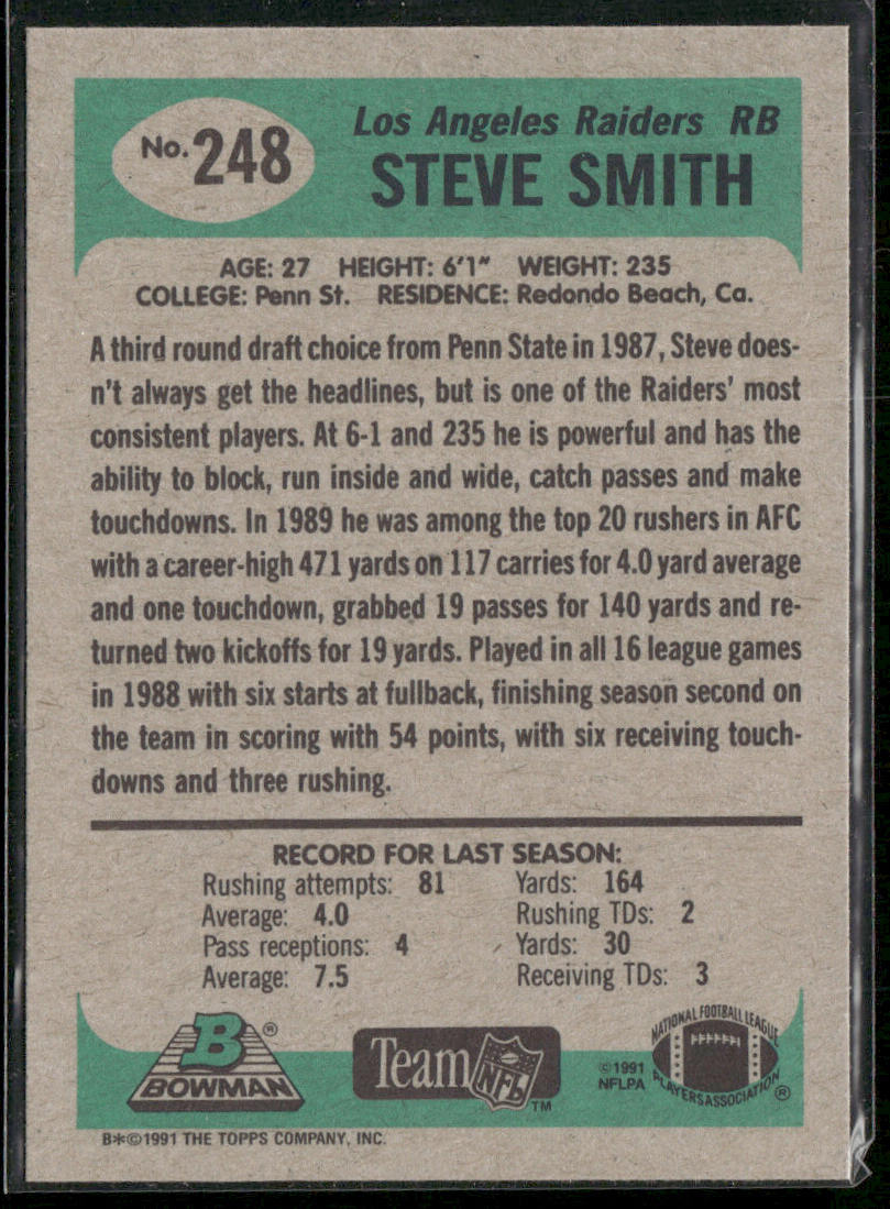 Steve Smith 1991 Bowman #248 Los Angeles Raiders