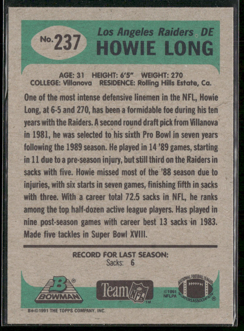Howie Long 1991 Bowman #237 Los Angeles Raiders