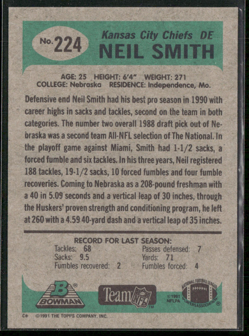 Neil Smith 1991 Bowman #224 Kansas City Chiefs