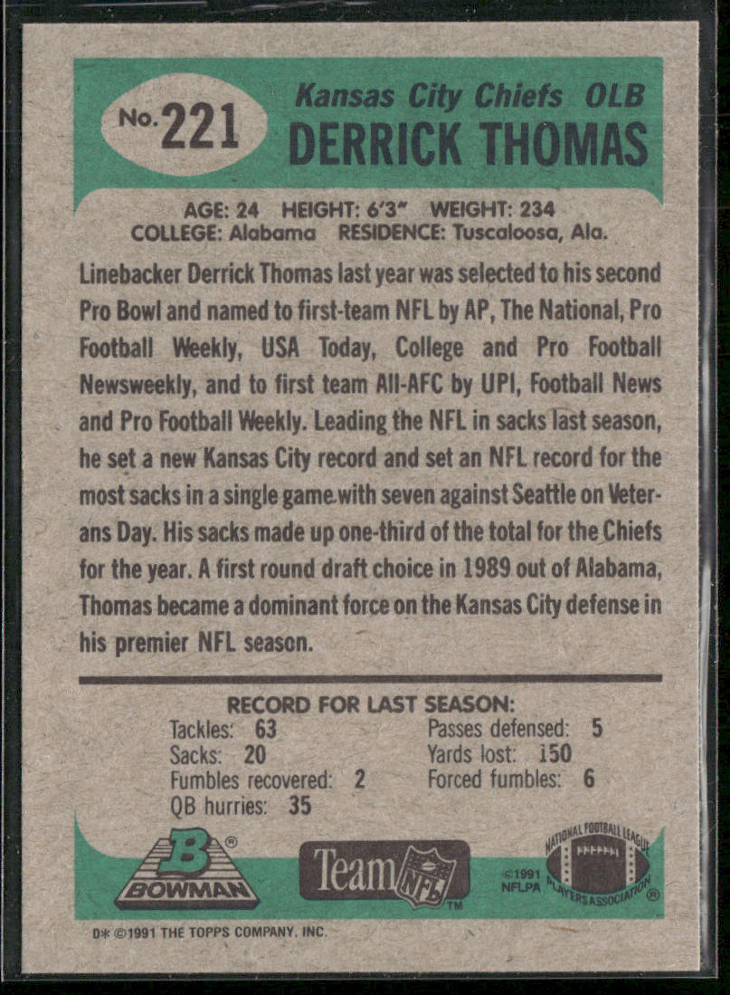 Derrick Thomas 1991 Bowman #221 Kansas City Chiefs