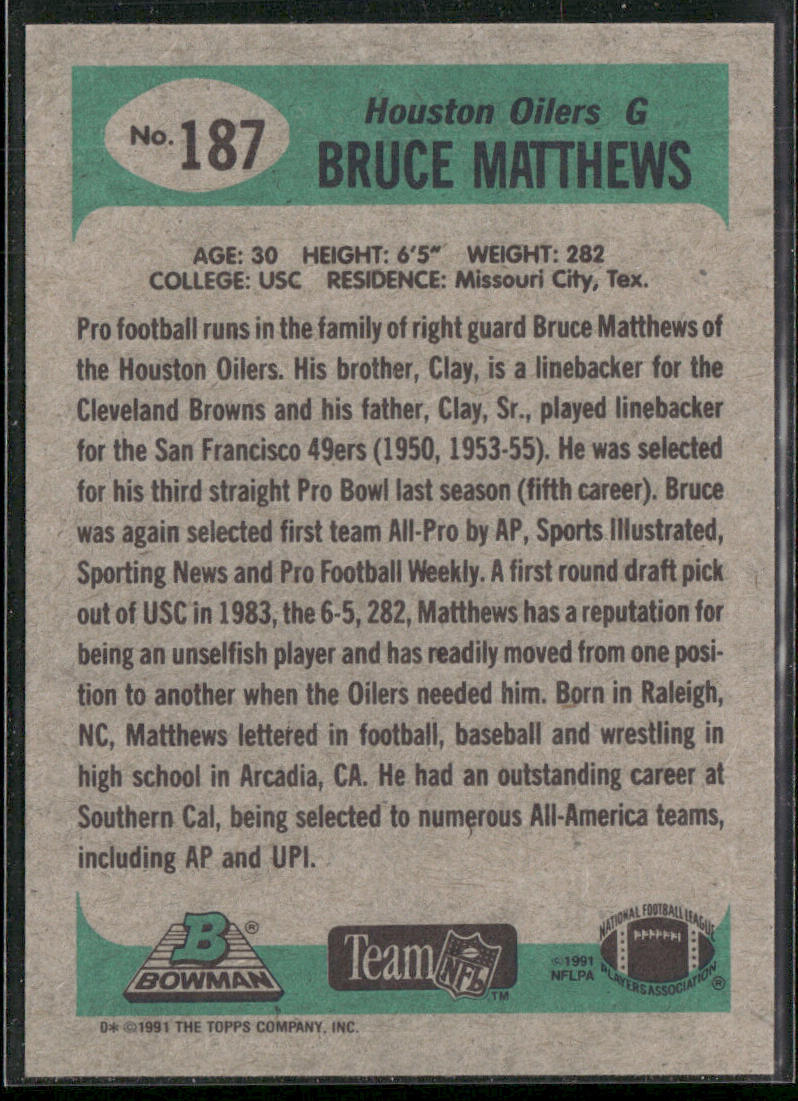 Bruce Matthews 1991 Bowman #187 Houston Oilers