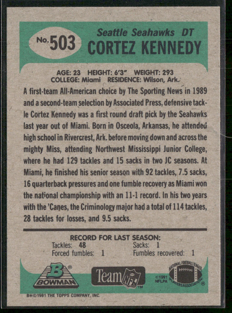 Cortez Kennedy 1991 Bowman #503 Seattle Seahawks