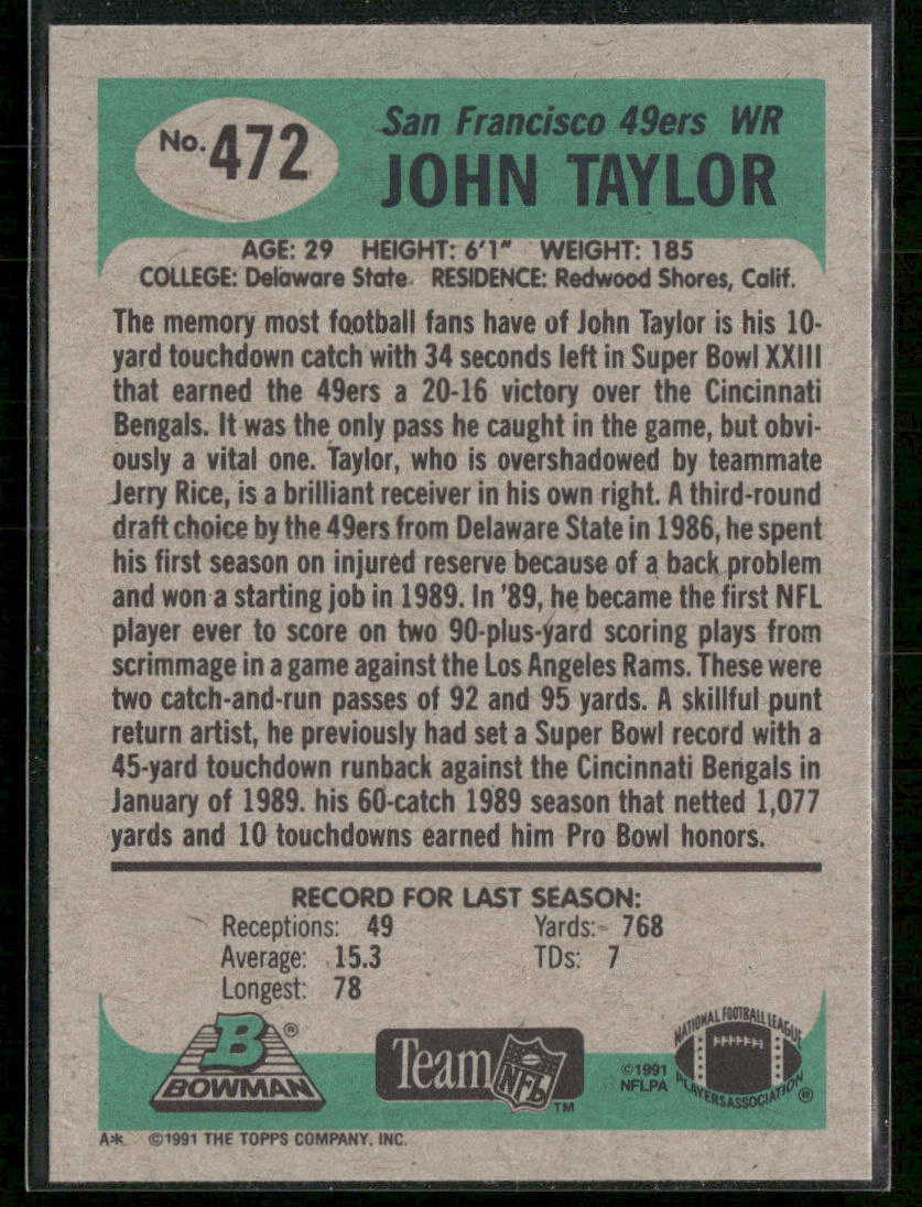 John Taylor 1991 Bowman #472 San Francisco 49ers