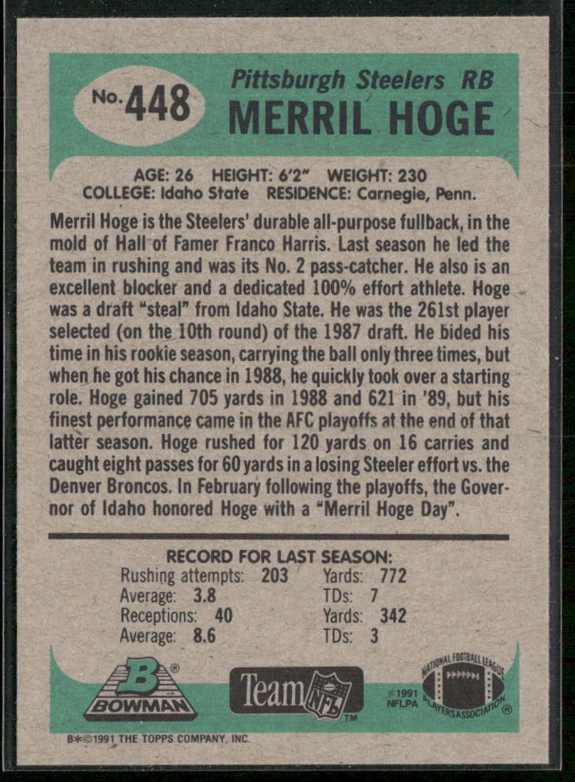 Merril Hoge 1991 Bowman #448 Pittsburgh Steelers