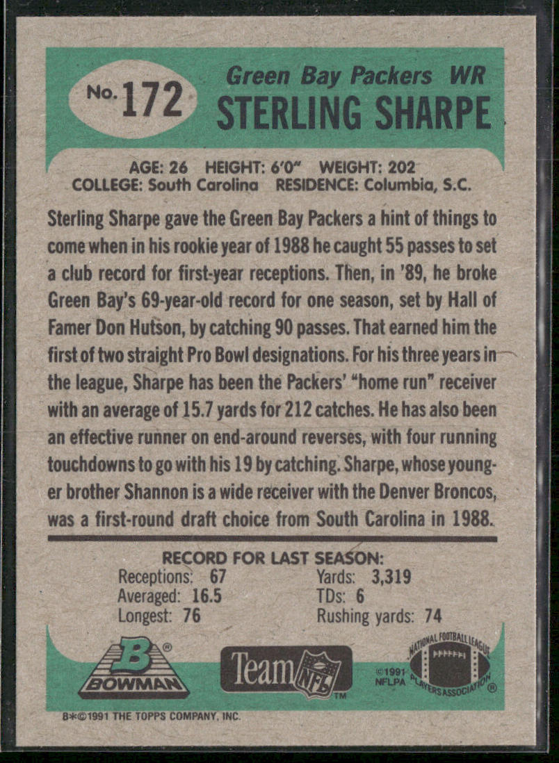 Sterling Sharpe 1991 Bowman #172 Green Bay Packers
