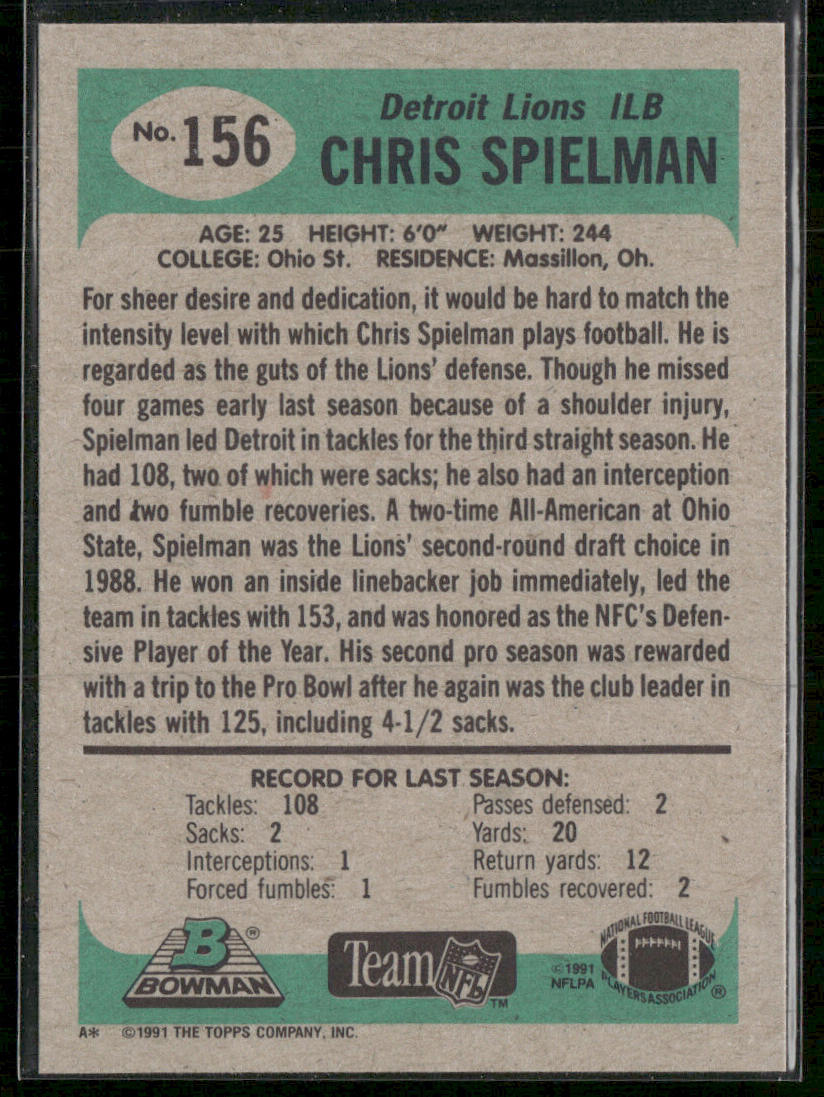 Chris Spielman 1991 Bowman #156 Detroit Lions