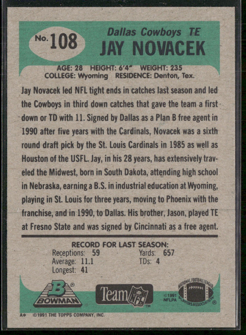 Jay Novacek 1991 Bowman #108 Dallas Cowboys