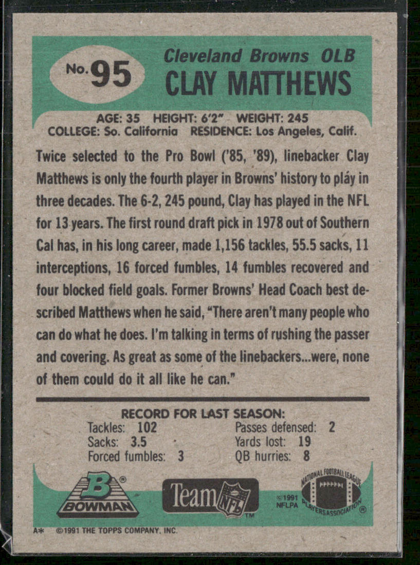 Clay Matthews 1991 Bowman #95 Cleveland Browns