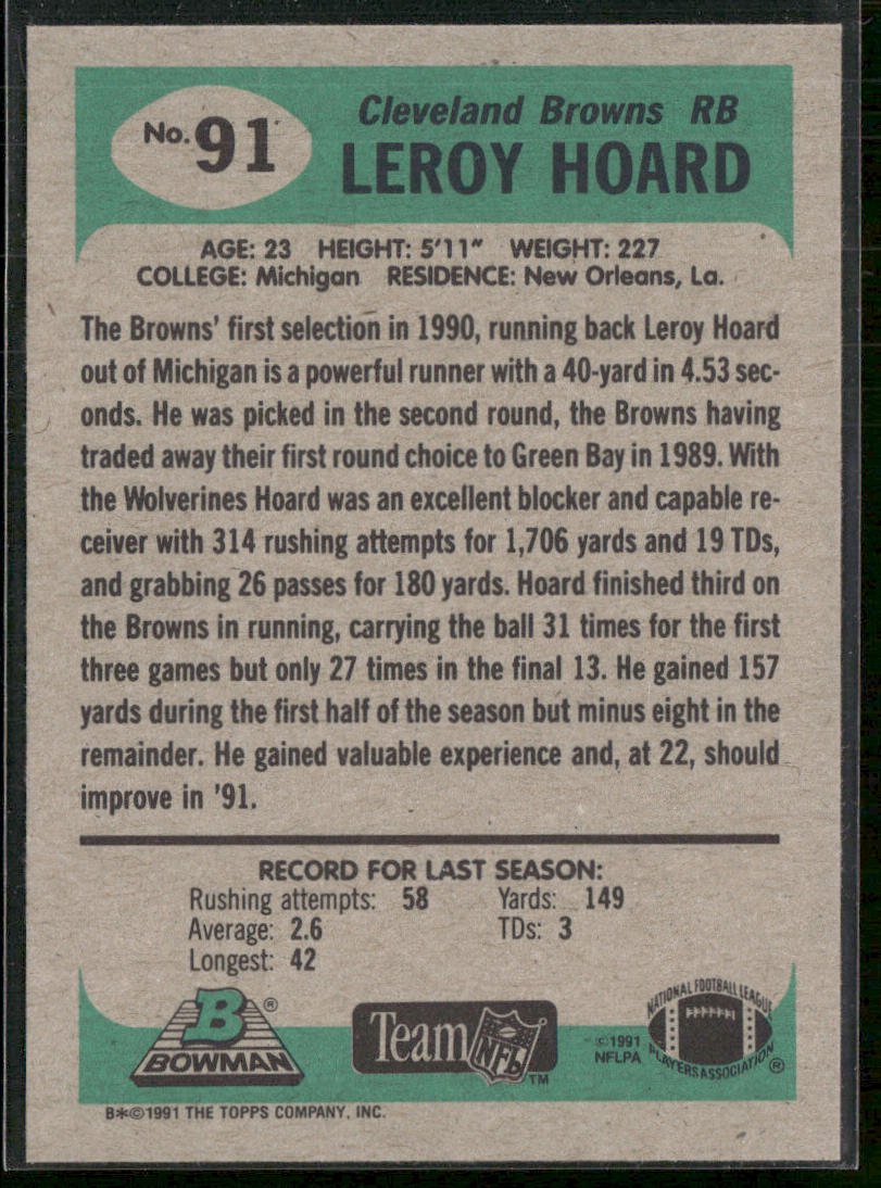 Leroy Hoard 1991 Bowman #91 Cleveland Browns