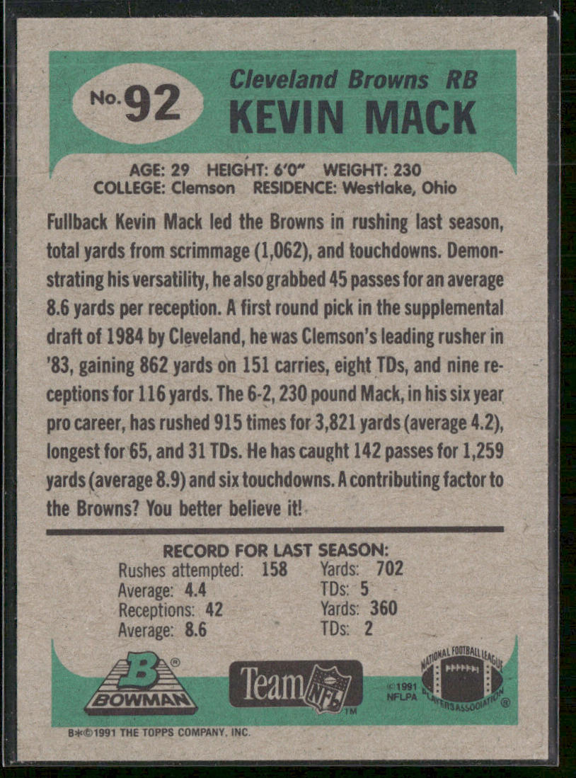 Kevin Mack 1991 Bowman #92 Cleveland Browns