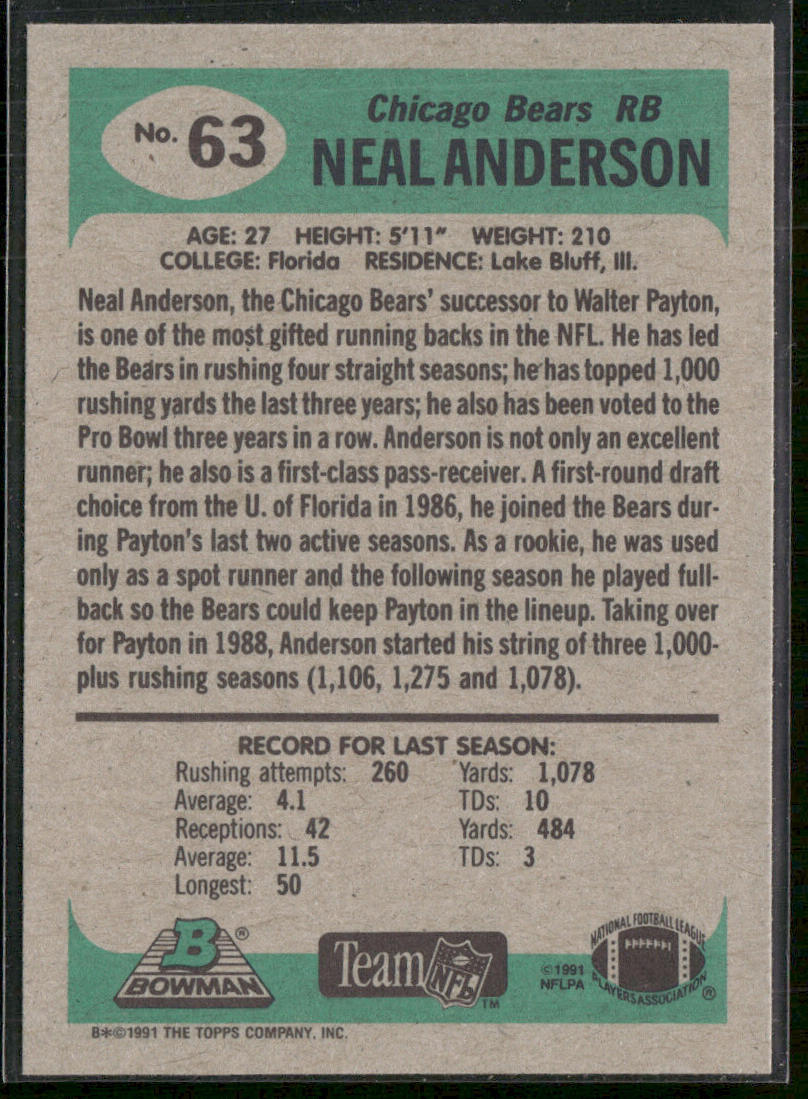 Neal Anderson 1991 Bowman #63 Chicago Bears