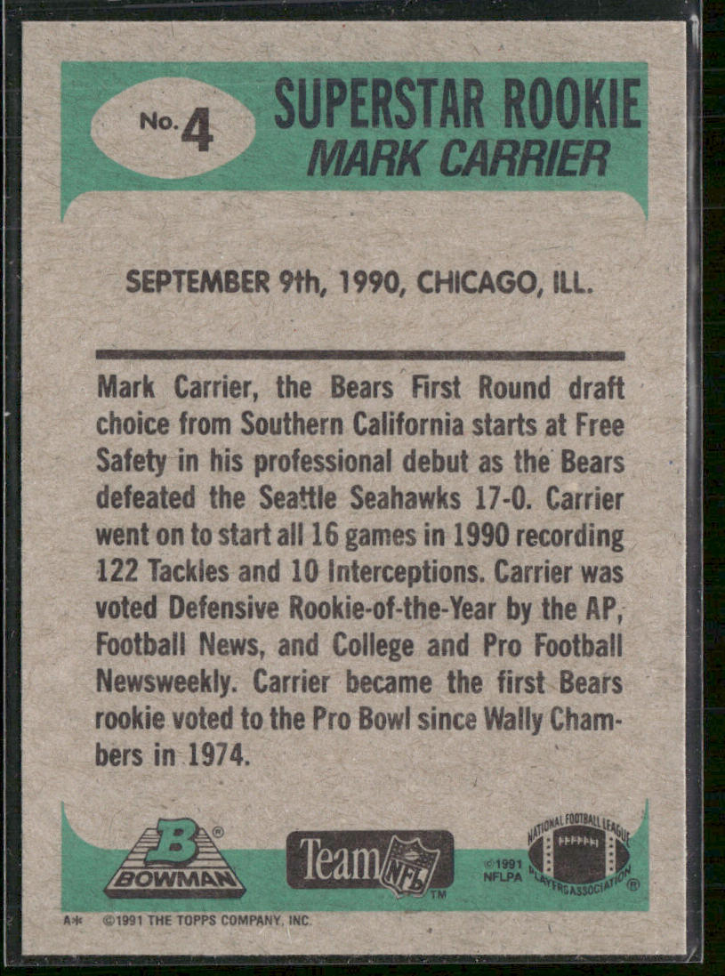 Mark Carrier 1991 Bowman #4a A* in copyright on back Chicago Bears