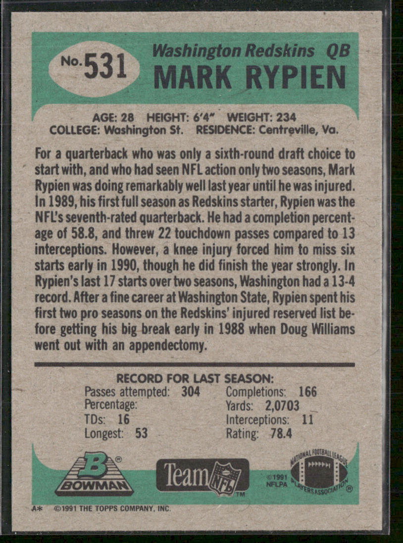 Mark Rypien 1991 Bowman #531 Washington Redskins