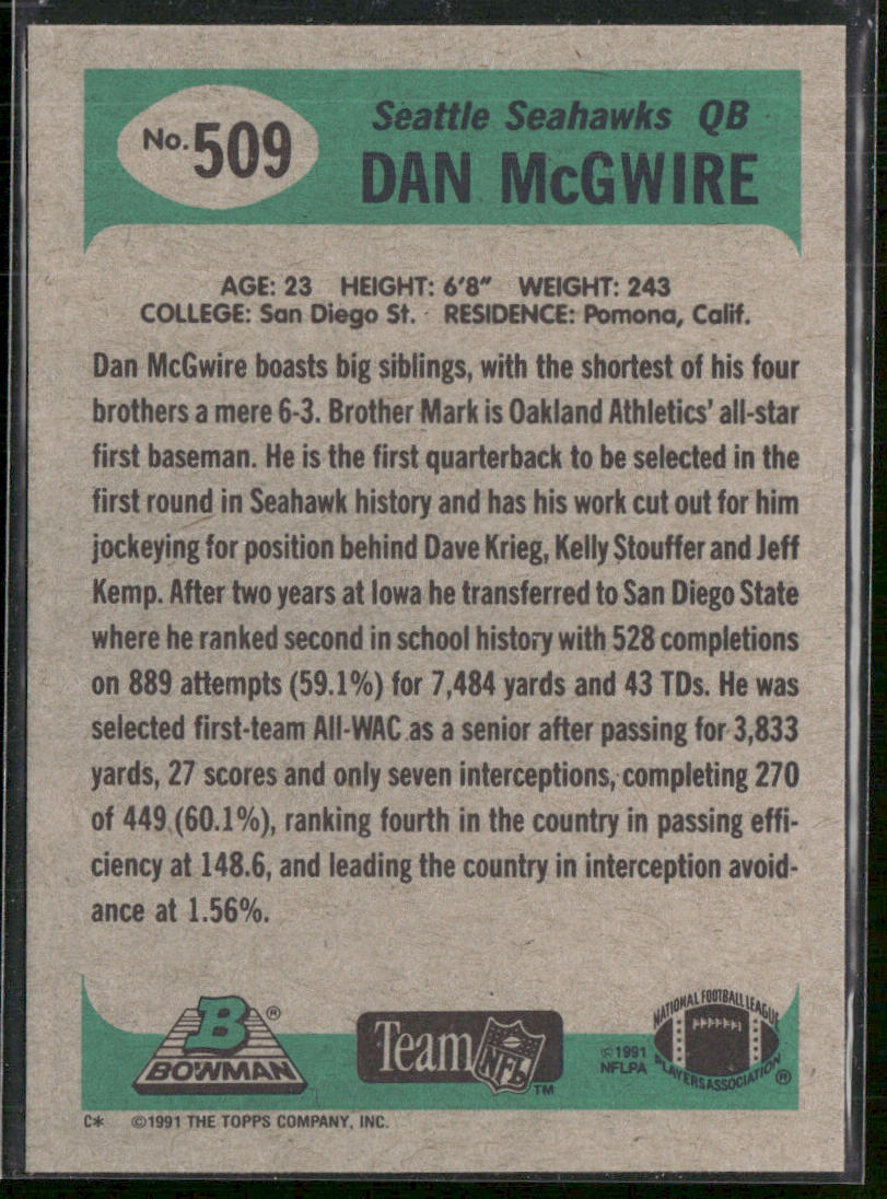Dan McGwire 1991 Bowman #509b RC Seattle Seahawks