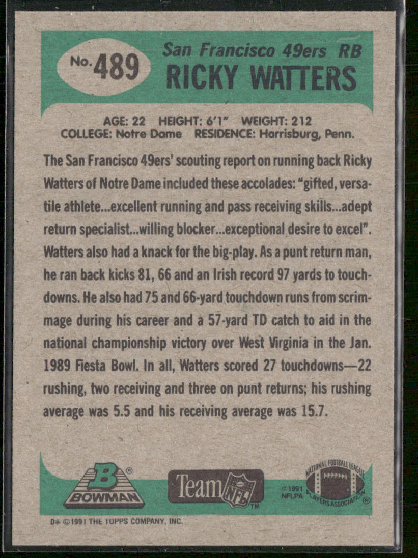 Ricky Watters 1991 Bowman #489 RC San Francisco 49ers