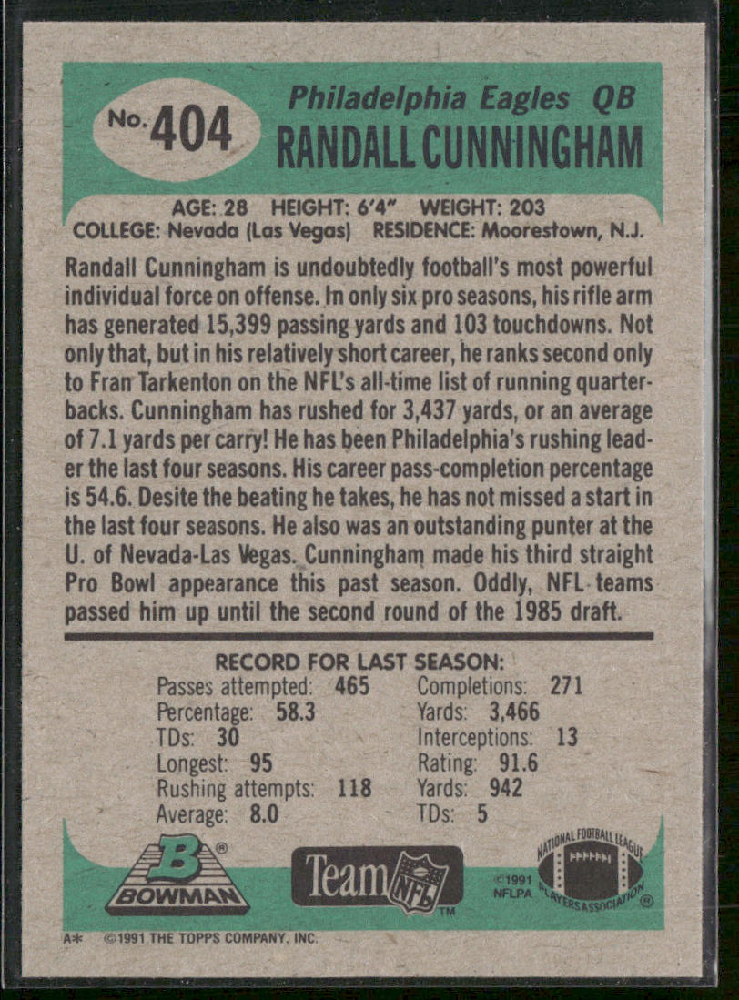 Randall Cunningham 1991 Bowman #404 Philadelphia Eagles