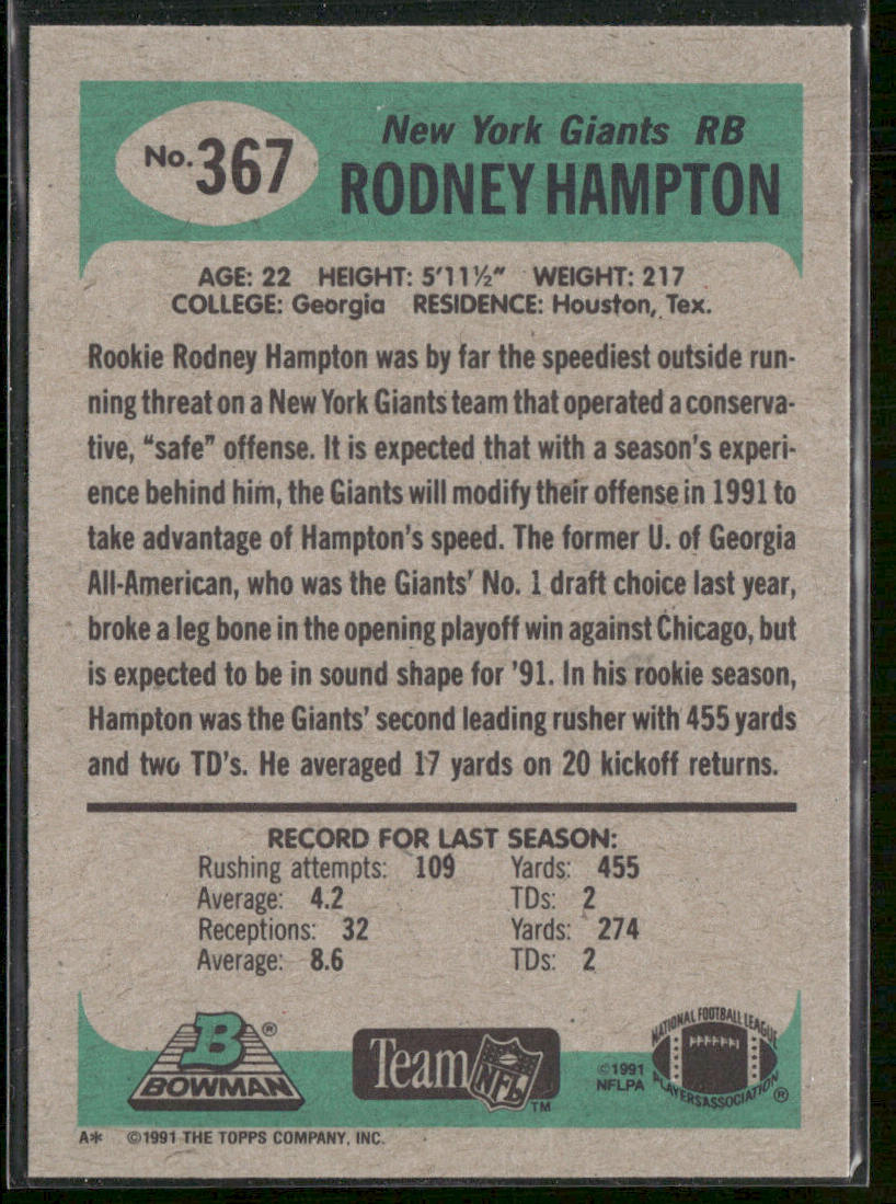 Rodney Hampton 1991 Bowman #367 New York Giants