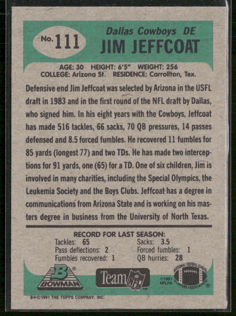 Jim Jeffcoat 1991 Bowman #111 Dallas Cowboys