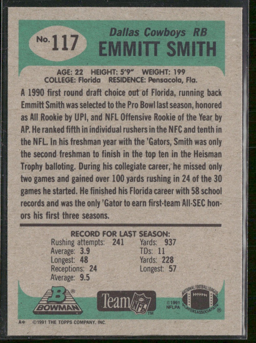 Emmitt Smith 1991 Bowman #117 Dallas Cowboys