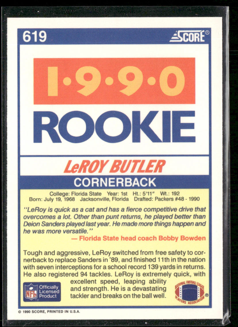 LeRoy Butler 1990 Score #619 RC Florida State Seminoles