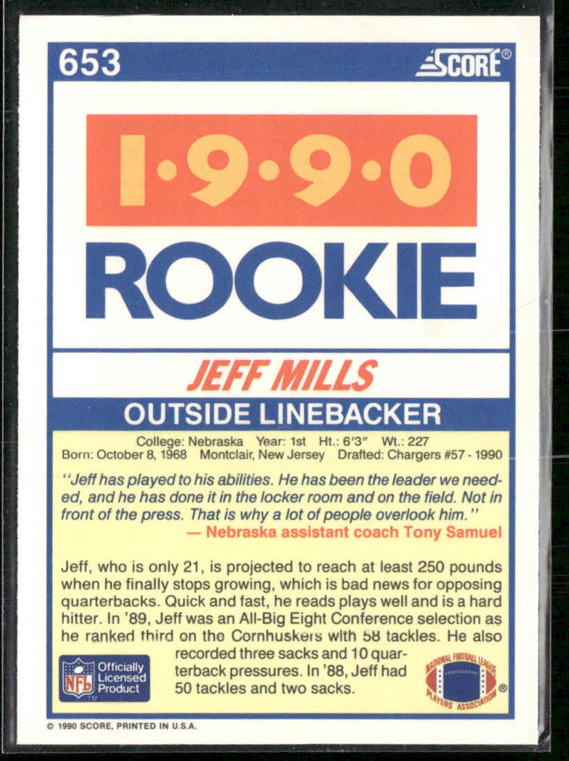 Jeff Mills 1990 Score #653 RC Nebraska Cornhuskers