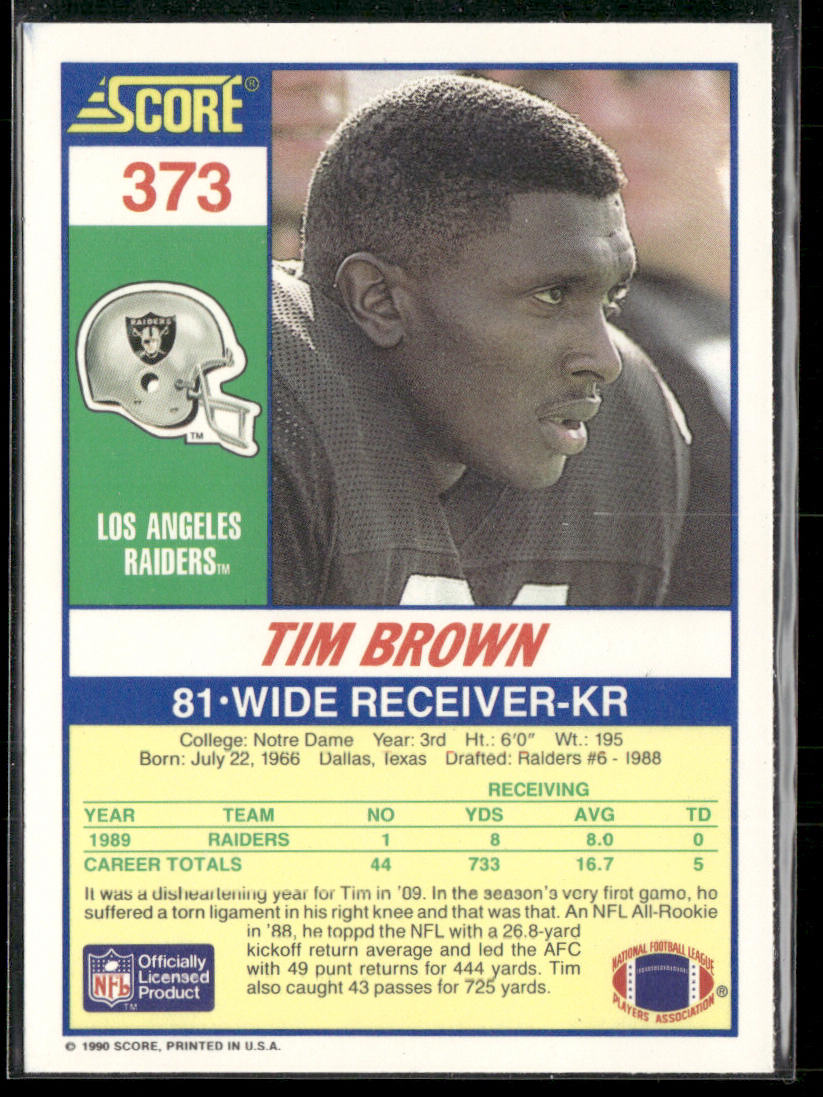 Tim Brown 1990 Score #373 Los Angeles Raiders