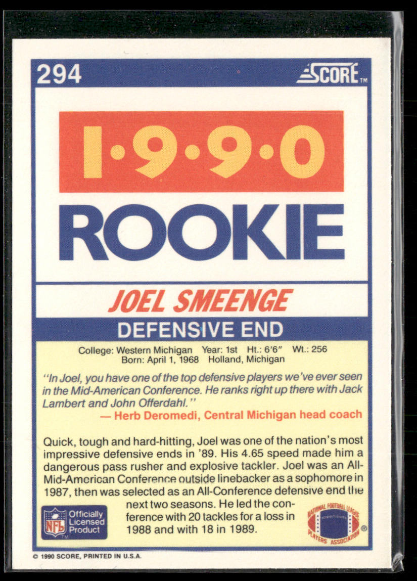 Joel Smeenge 1990 Score #294 RC Western Michigan Broncos