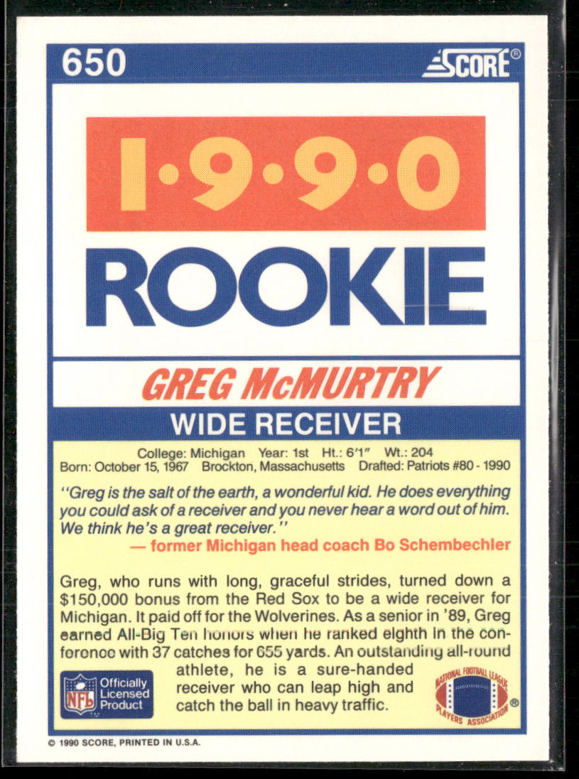 Greg McMurtry 1990 Score #650 RC Michigan Wolverines