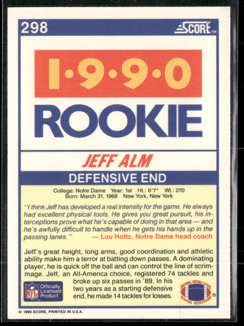 Jeff Alm 1990 Score #298 RC Notre Dame Fighting Irish