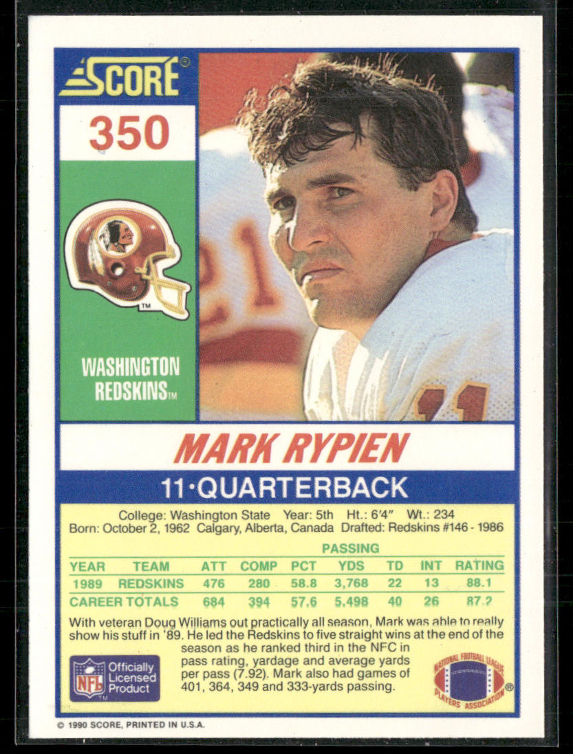 Mark Rypien 1990 Score #350 Washington Redskins